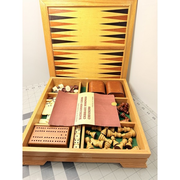 Other - Vintage Wooden 5-in-1 Combo Game Set Chess Backgammon Cribbage Dominoes Checkers